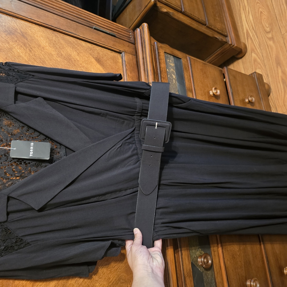 Black Belted Dress with Lace Detail